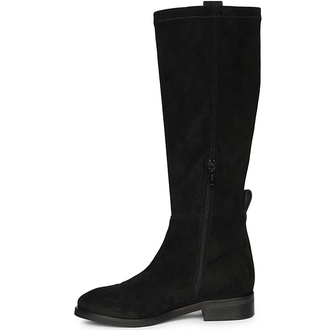 Saint Marlowe black suede boots, side view showing zip closure
