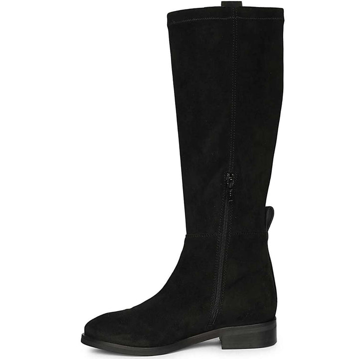 Saint Marlowe black suede boots, side view showing zip closure