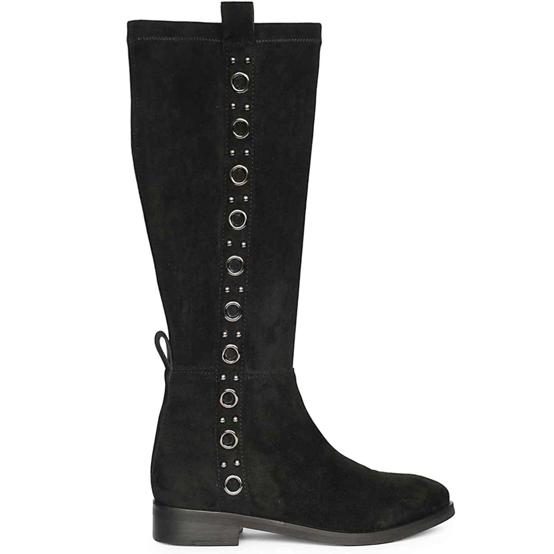 Saint Marlowe eyelets black stretch suede long boots for women, side view of eyelet trim