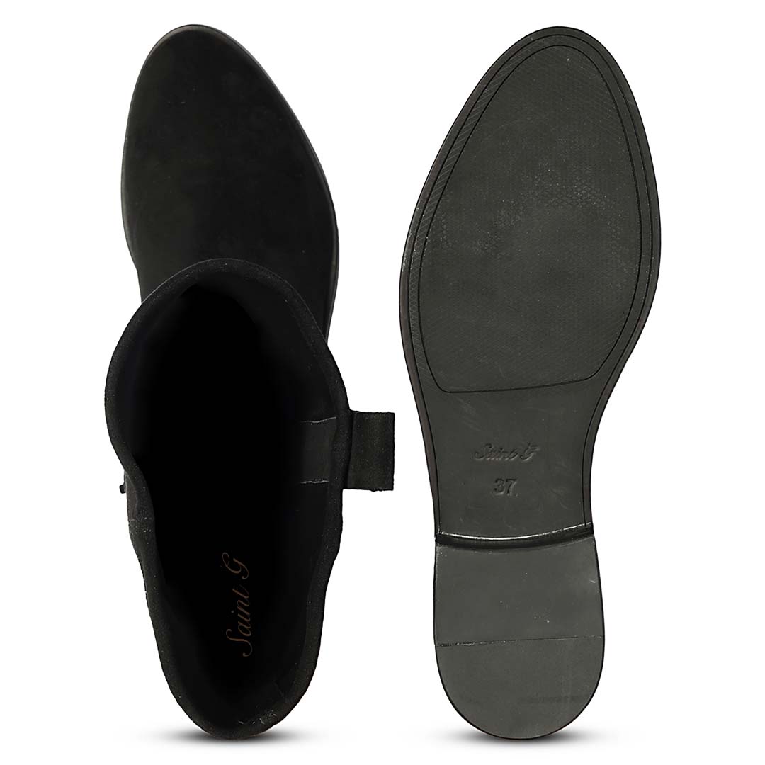 Saint Marlowe black suede long boots, interior and sole view