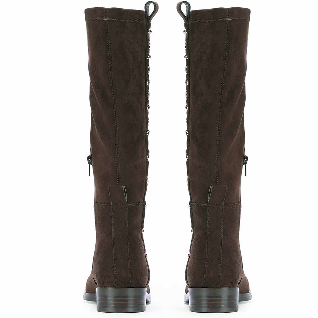 Saint Marlowe brown suede long boots for women, back pair view showing zip closure