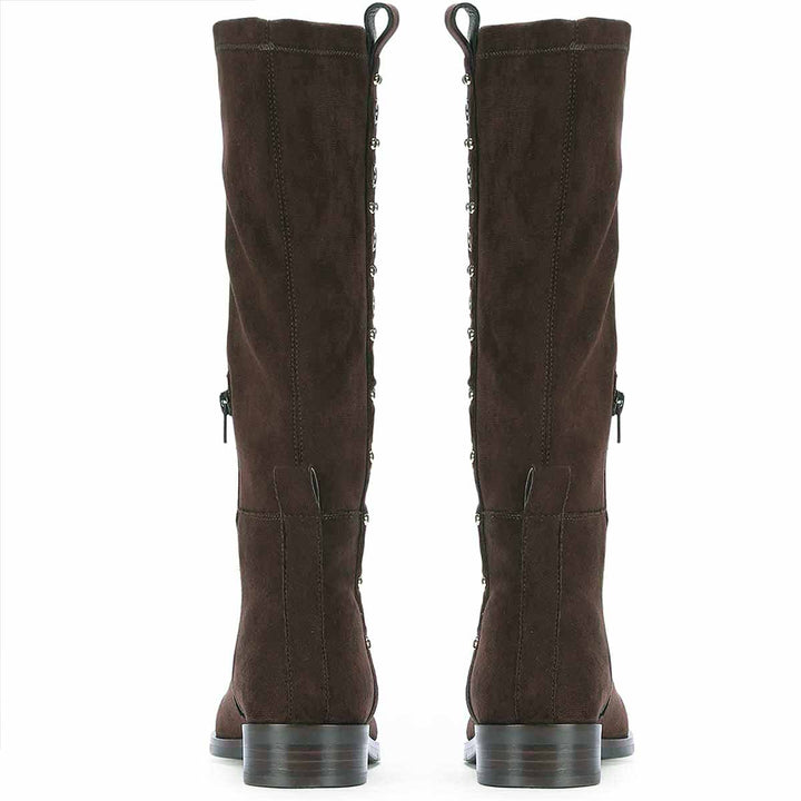 Saint Marlowe brown suede long boots for women, back pair view showing zip closure