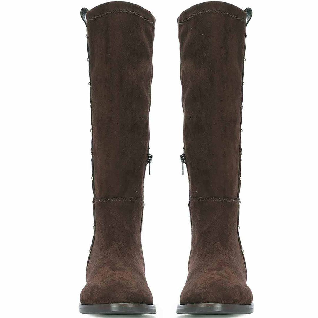 Women's Saint Marlowe brown suede long boots, front pair view of eyelet trim