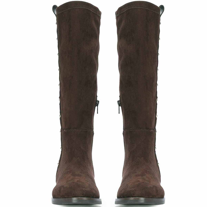 Women's Saint Marlowe brown suede long boots, front pair view of eyelet trim