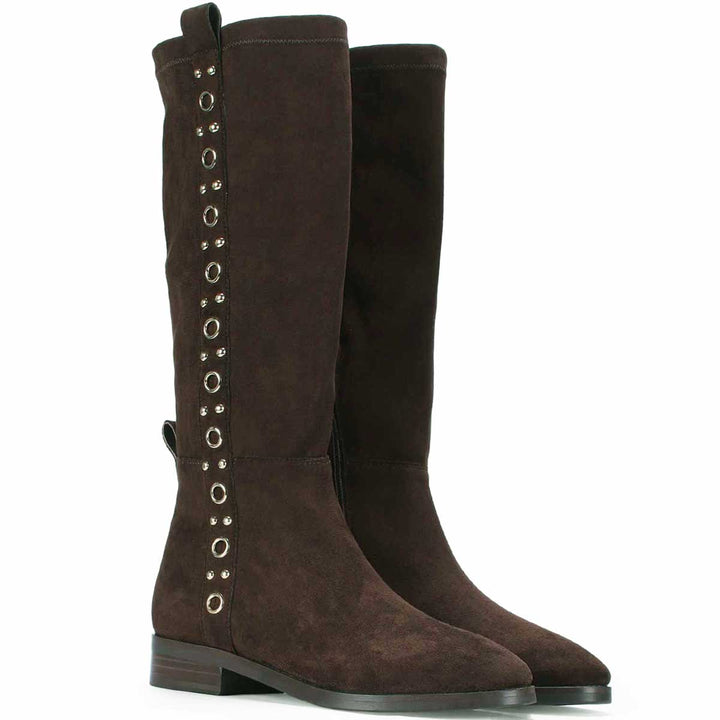 Saint Marlowe brown suede long boots for women UK, pair view showing eyelet trim