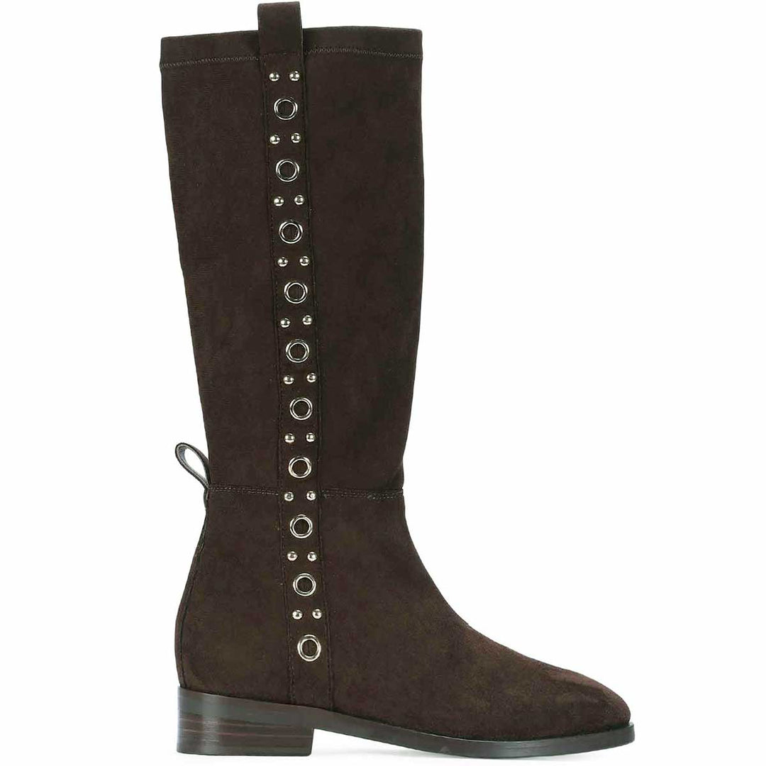 Saint Marlowe eyelets brown stretch suede long boots for women, side view of eyelet trim