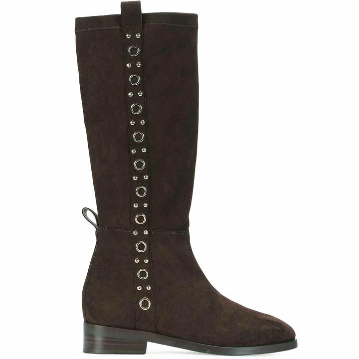 Saint Marlowe eyelets brown stretch suede long boots for women, side view of eyelet trim
