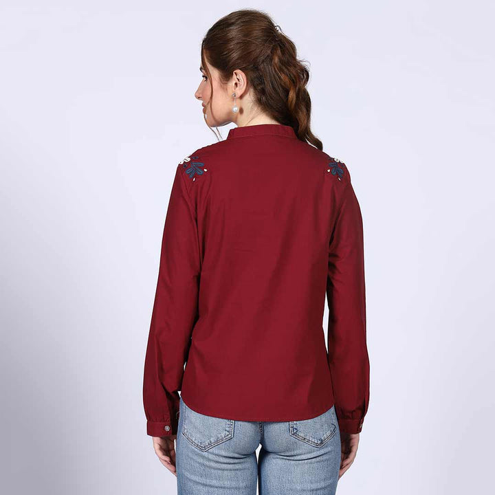 Saint maroon embroidered pintuck-yoke top for women UK, back view.