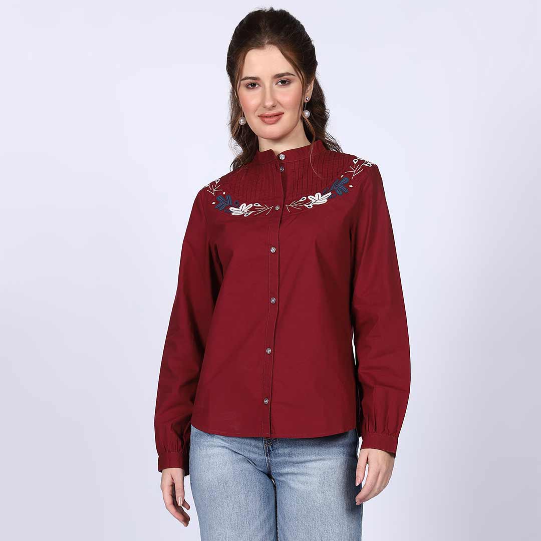Saint maroon embroidered pintuck-yoke top for women UK, full front view.