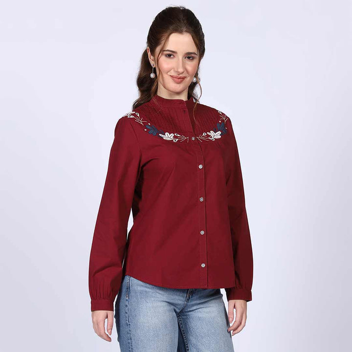 Women's maroon embroidered pintuck-yoke top by Saint, three-quarter front view.