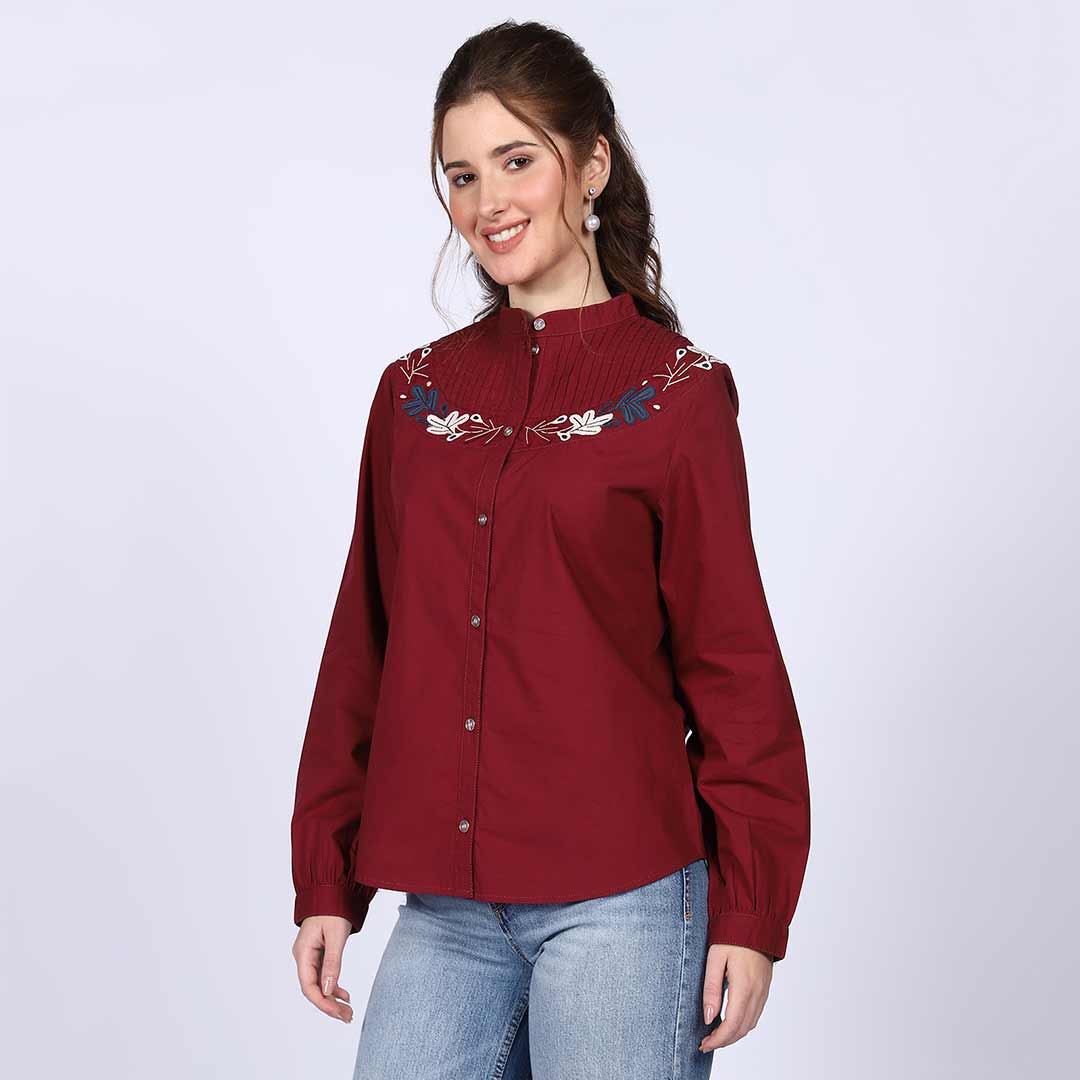 Women's maroon embroidered pintuck-yoke top by Saint, front view.