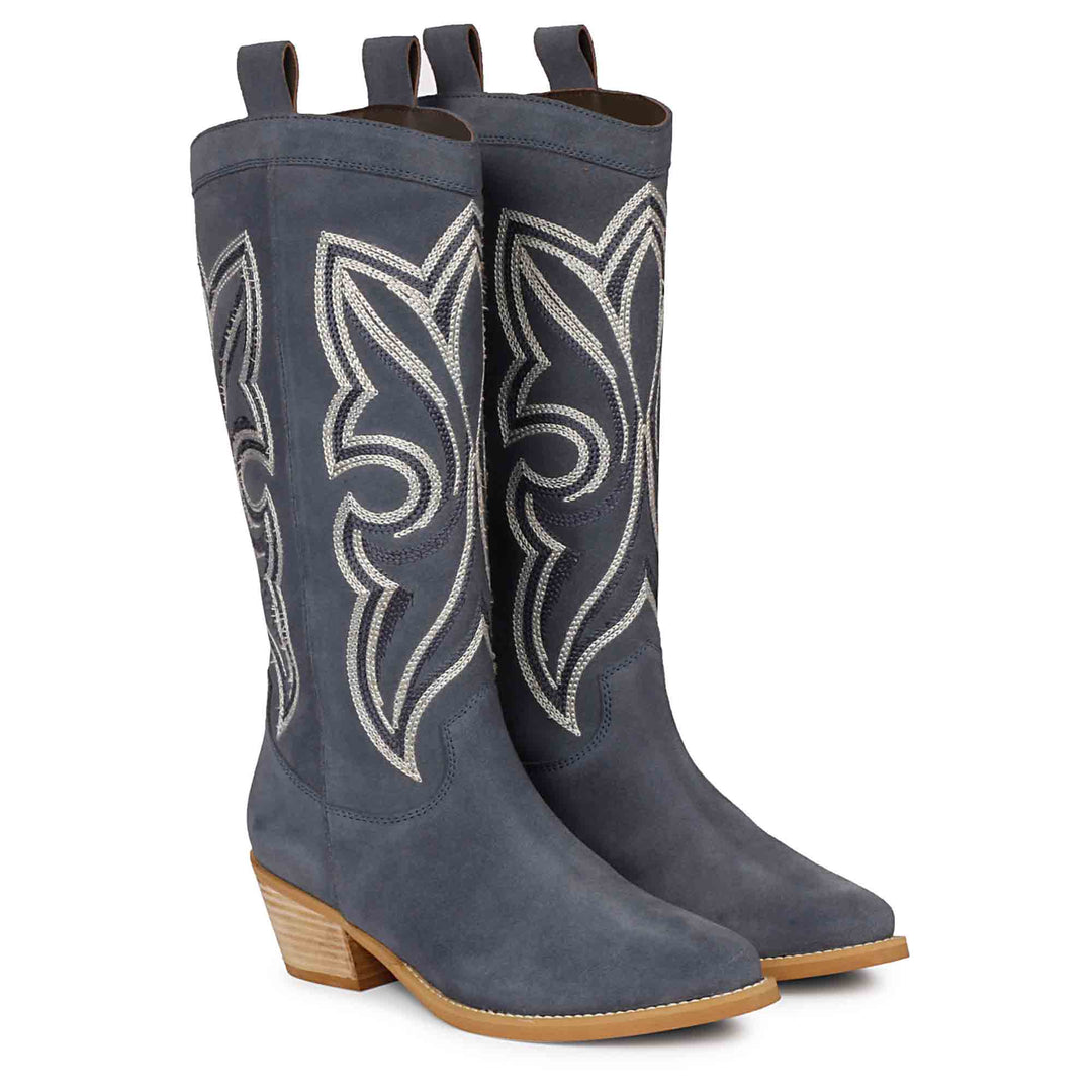 Denim suede cowboy boots for women UK, pair view showing embroidered pattern
