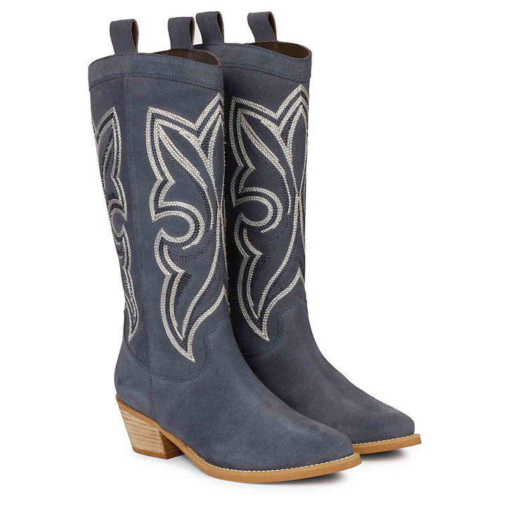 Denim suede cowboy boots for women UK, pair view showing embroidered pattern