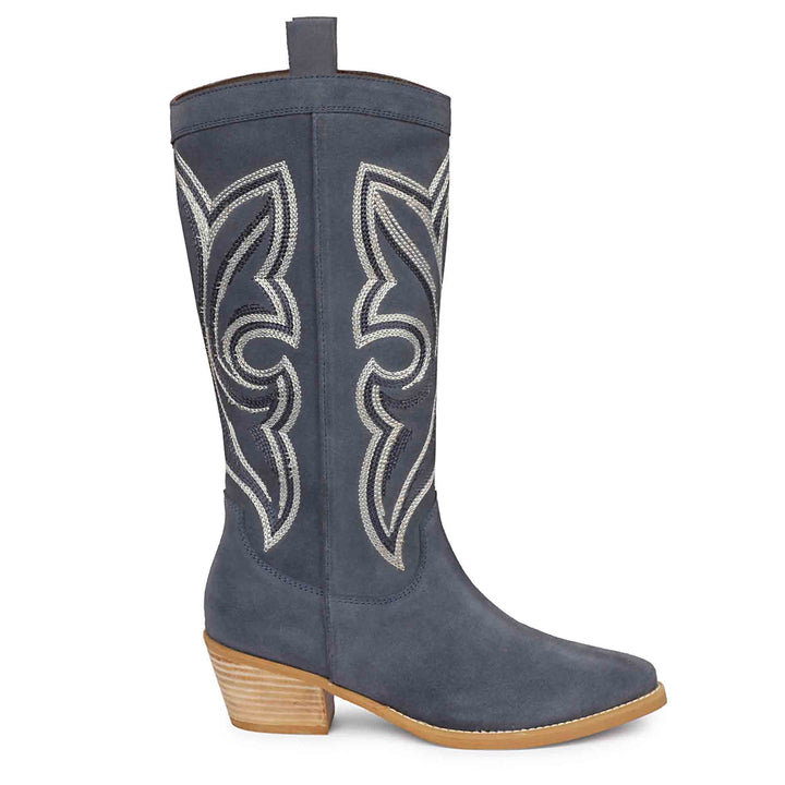 Saint Martina denim suede cowboy boots for women, side view of silver scroll embroidery