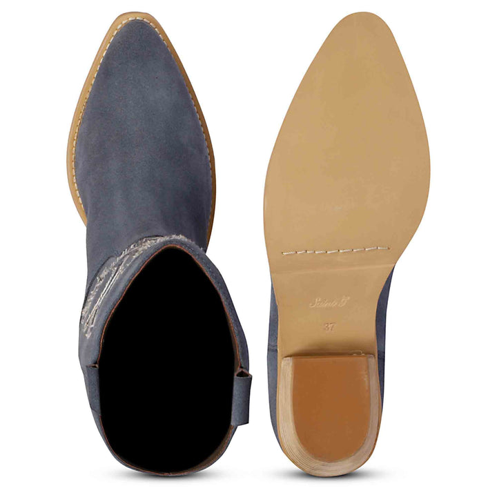 Saint Martina denim suede cowboy boots, interior and sole view