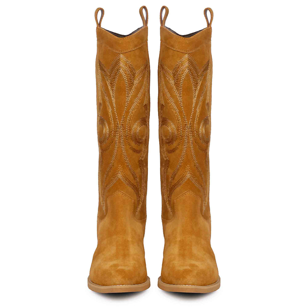 Women's tan suede cowboy boots, front pair view of stitched embroidery