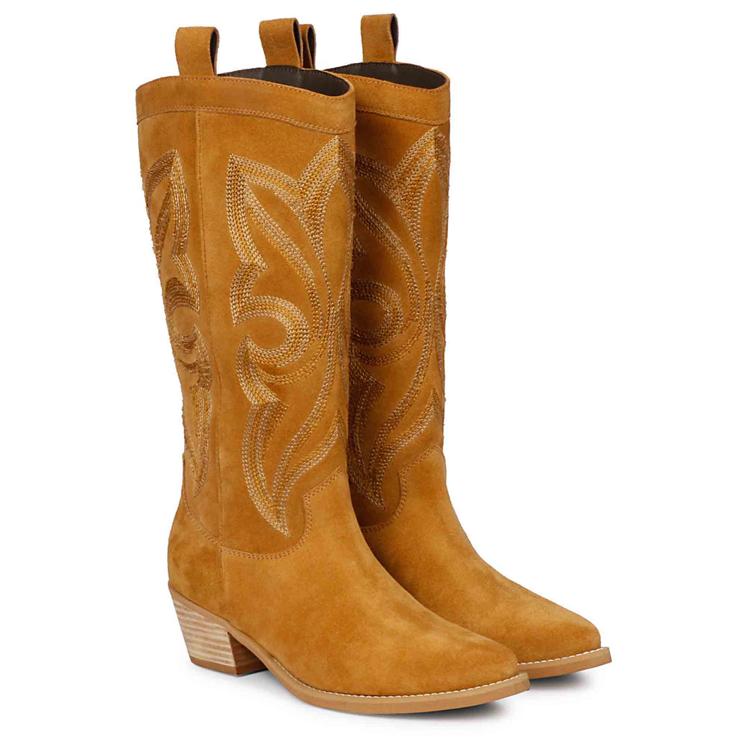 Tan suede cowboy boots for women UK, pair view showing embroidered pattern