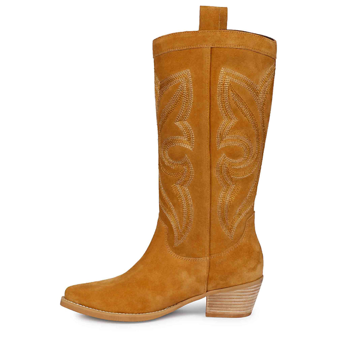 Saint Martina tan suede cowboy boots, alternate side view
