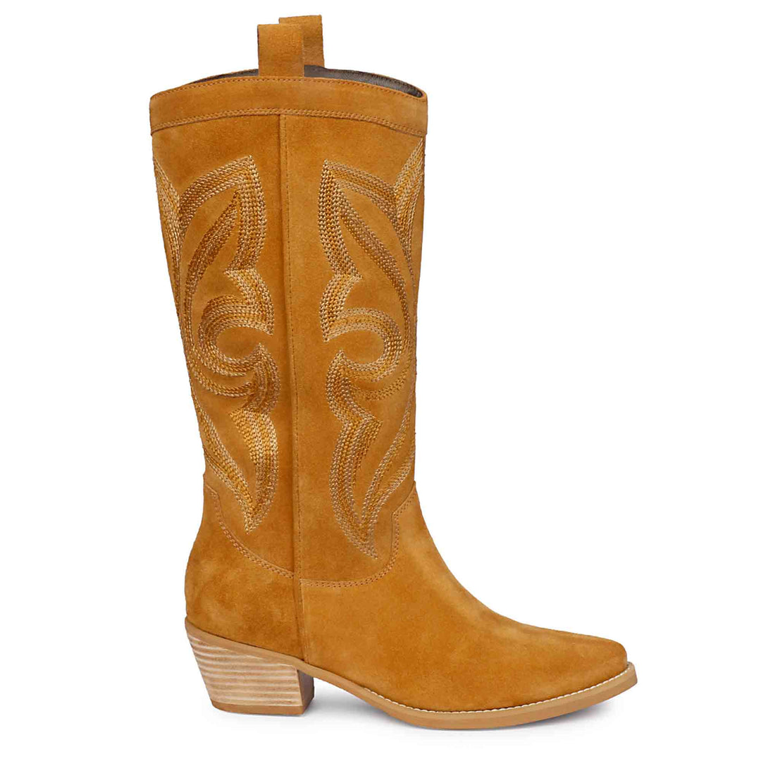 Saint Martina tan suede cowboy boots for women, side view of stitched scroll embroidery