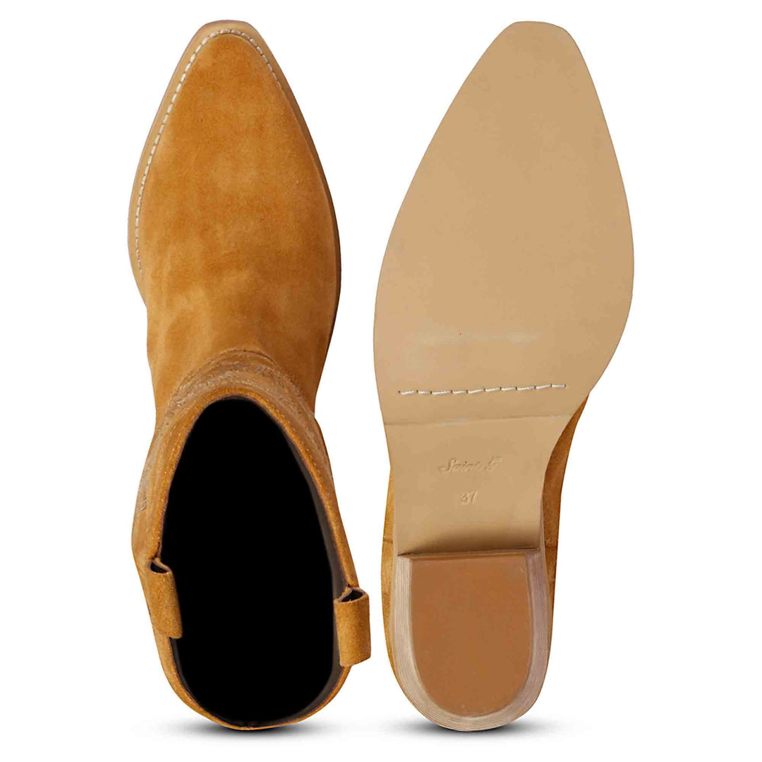 Saint Martina tan suede cowboy boots, interior and sole view