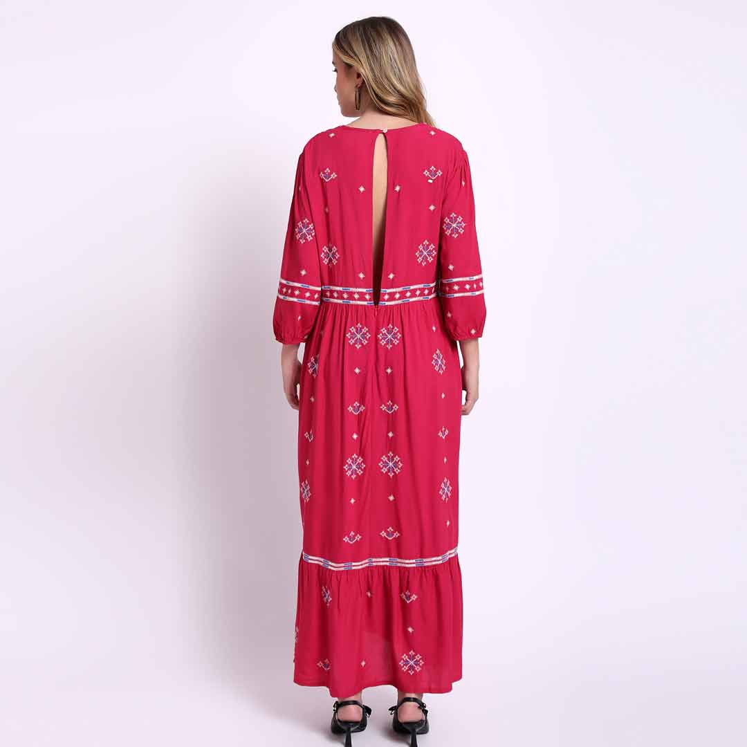 Saint Martine red long dress for women UK, back view with keyhole cutout.