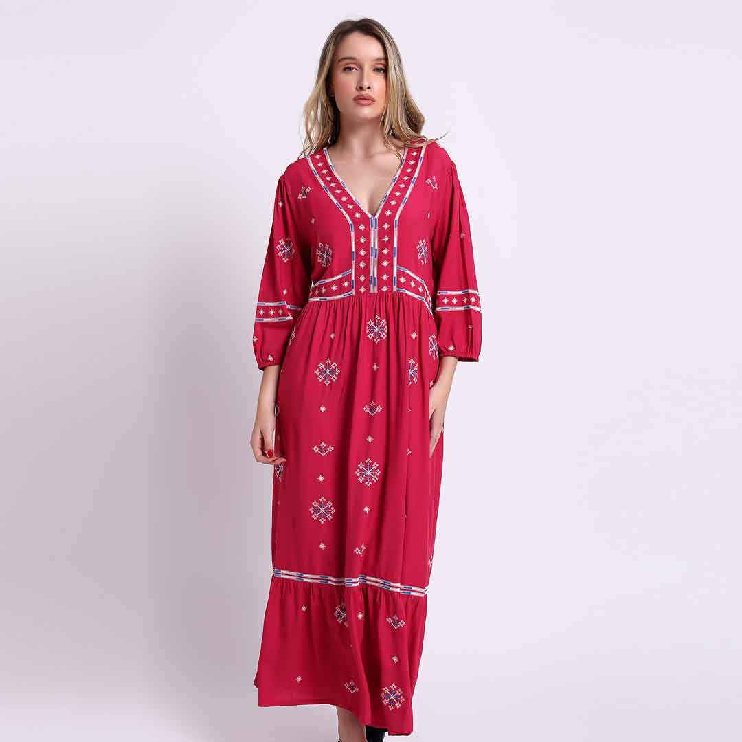Saint Martine red long dress for women UK, front view with embroidered V-neck placket.