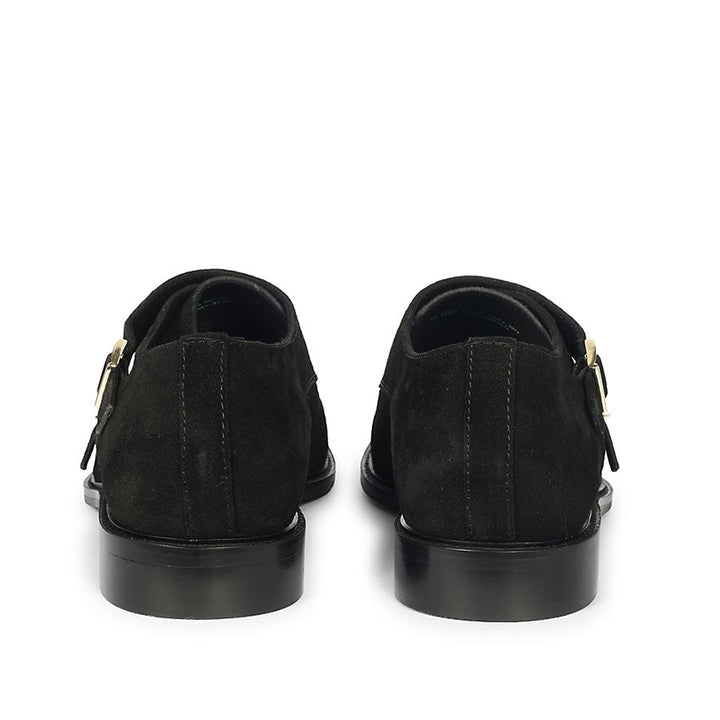 Black Suede Double Monk Strap Shoes for Men, Back View - Handcrafted UK