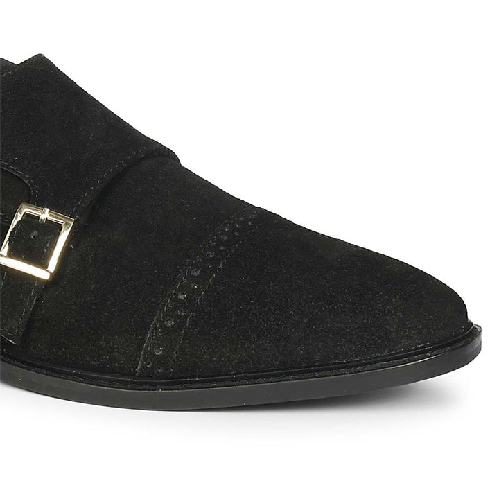 Best Men's Black Suede Monk Shoes - Buckle Detail Close-Up, Handcrafted UK