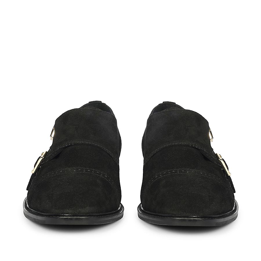 Best Men's Black Suede Double Buckle Monk Shoes, Front Pair View - Handcrafted UK