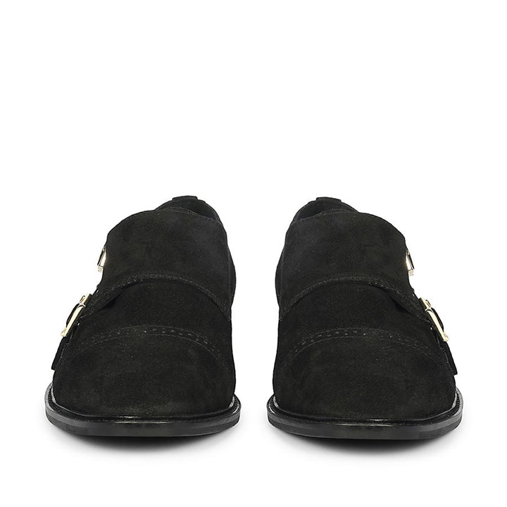 Best Men's Black Suede Double Buckle Monk Shoes, Front Pair View - Handcrafted UK
