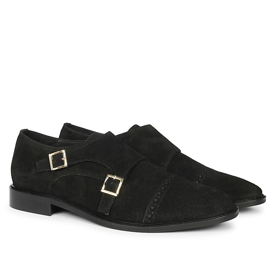 Men's Black Suede Double Monk Strap Shoes, Pair View - Best Handcrafted UK