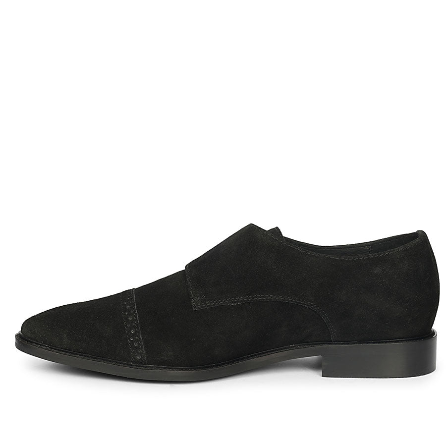 Saint Mathis Black Suede Monk Shoes - Angled Side View, Men's UK