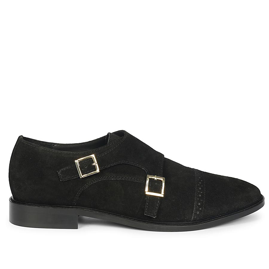 Best Men's Black Suede Double Buckle Monk Shoes - Side View, Handcrafted UK