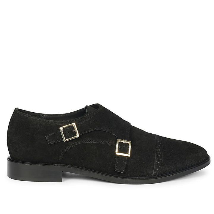 Best Men's Black Suede Double Buckle Monk Shoes - Side View, Handcrafted UK