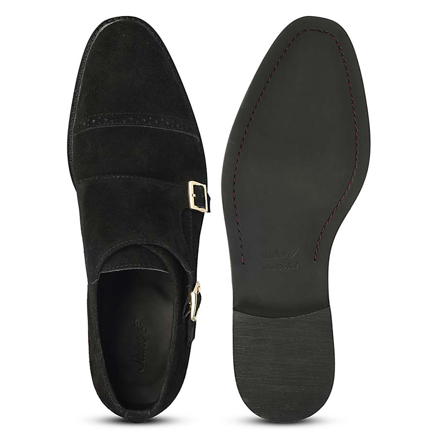 Saint Mathis Black Suede Double Buckle Monk Shoes - Sole and Top View, Men's UK
