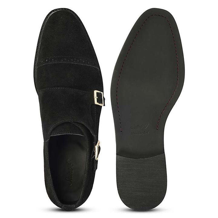 Saint Mathis Black Suede Double Buckle Monk Shoes - Sole and Top View, Men's UK