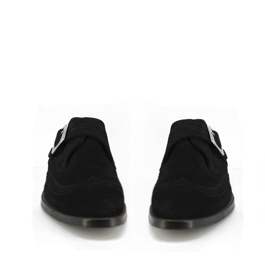 Best Men's Black Suede Single Buckle Monk Shoes, Front Pair View - Handcrafted UK