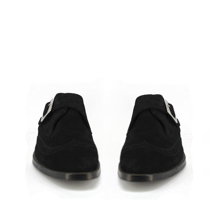 Best Men's Black Suede Single Buckle Monk Shoes, Front Pair View - Handcrafted UK