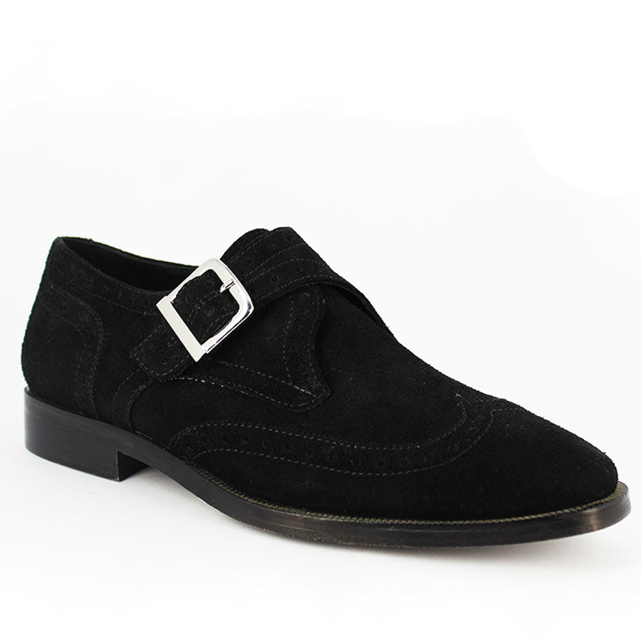 Men's Black Suede Monk Strap Shoes, Angled Side View - Best Handcrafted UK