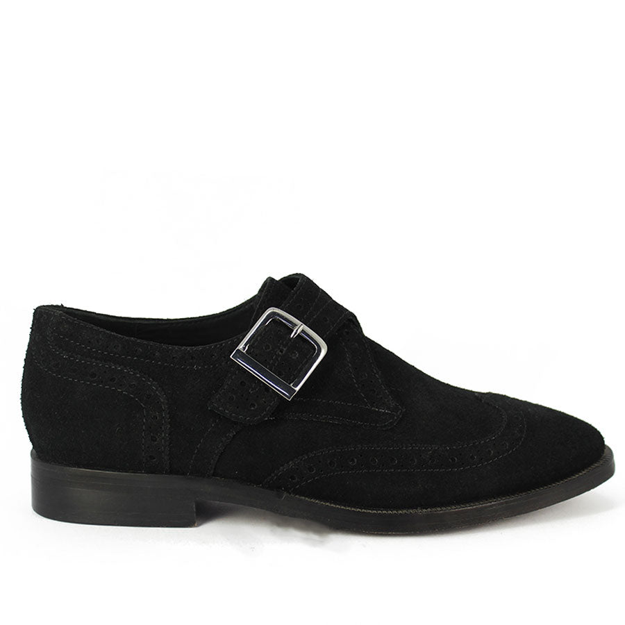 Best Men's Black Suede Single Buckle Monk Shoes - Side View, Handcrafted UK