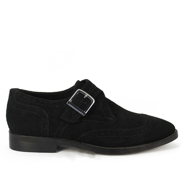 Best Men's Black Suede Single Buckle Monk Shoes - Side View, Handcrafted UK