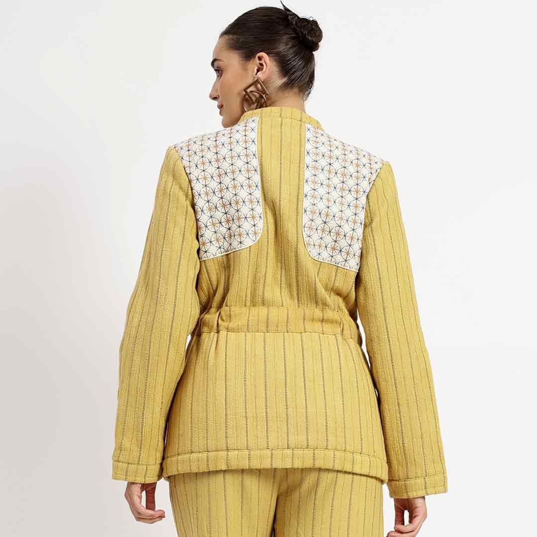 Saint Mazie yellow slub jacket for women UK, back view showing contrast yoke panels.