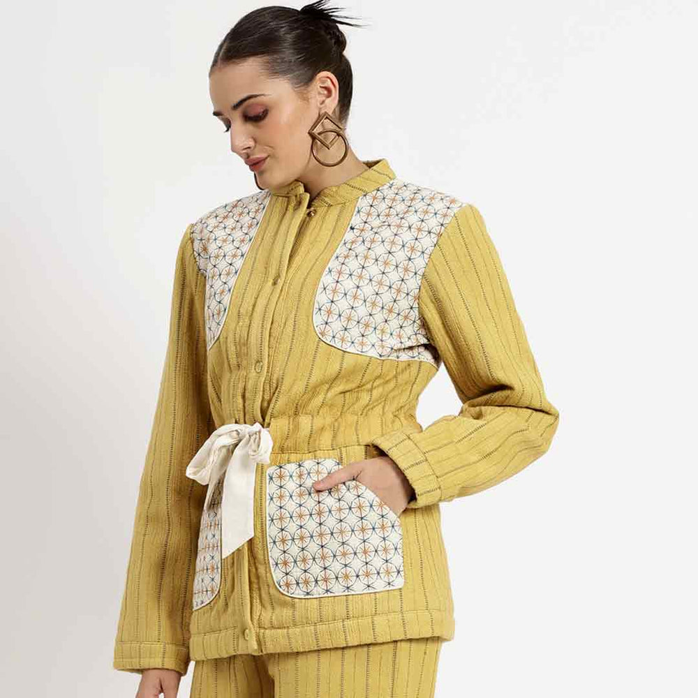 Women's yellow slub jacket by Saint Mazie, three-quarter front view.