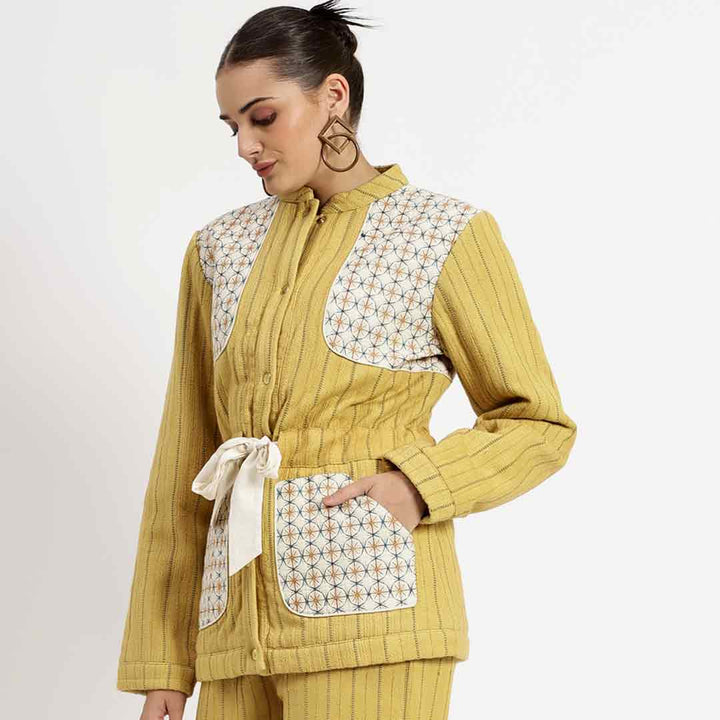 Women's yellow slub jacket by Saint Mazie, three-quarter front view.