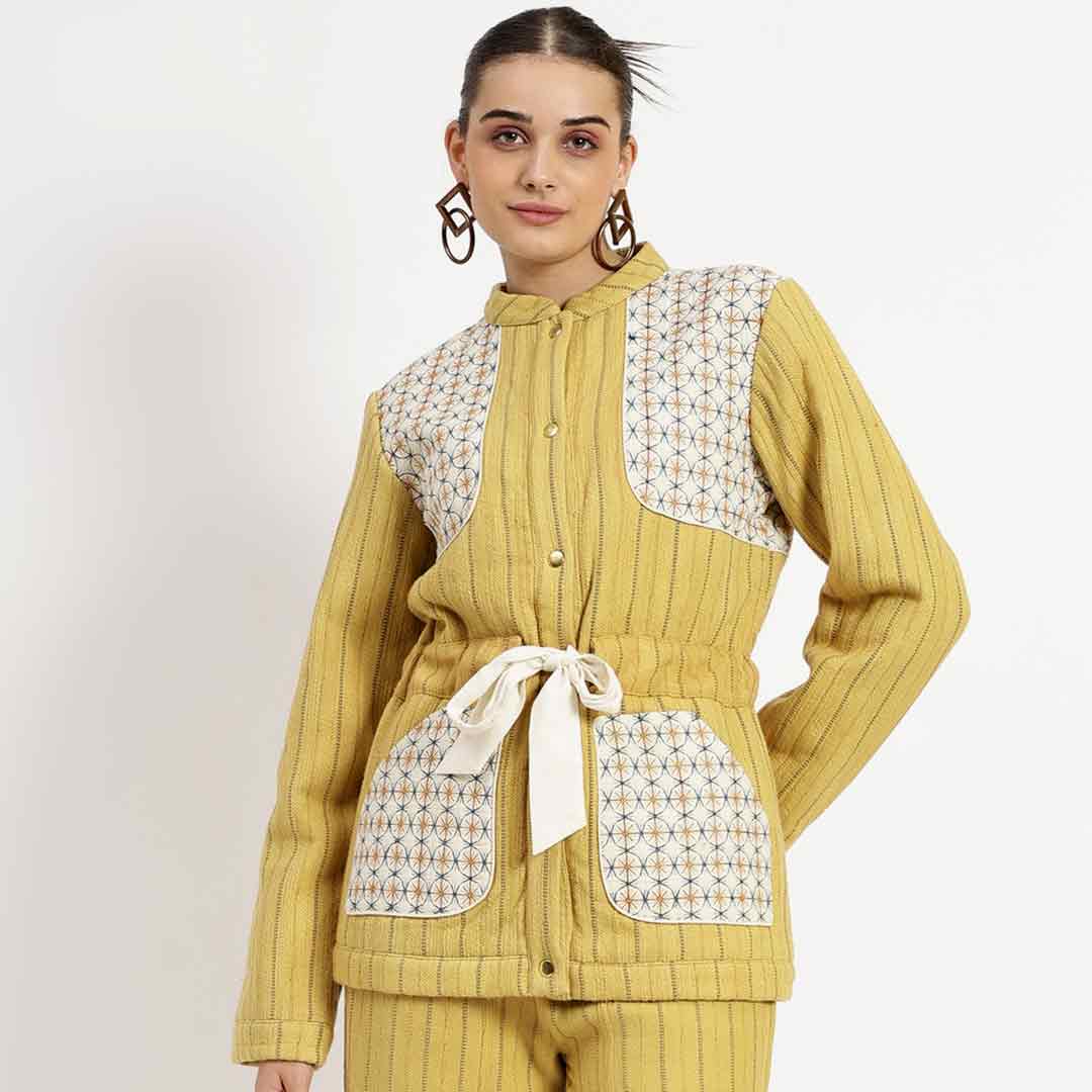 Saint Mazie yellow slub jacket for women UK, front view with contrast printed pocket panels.