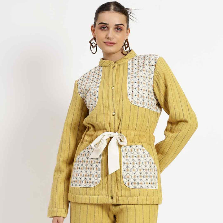 Saint Mazie yellow slub jacket for women UK, front view with contrast printed pocket panels.