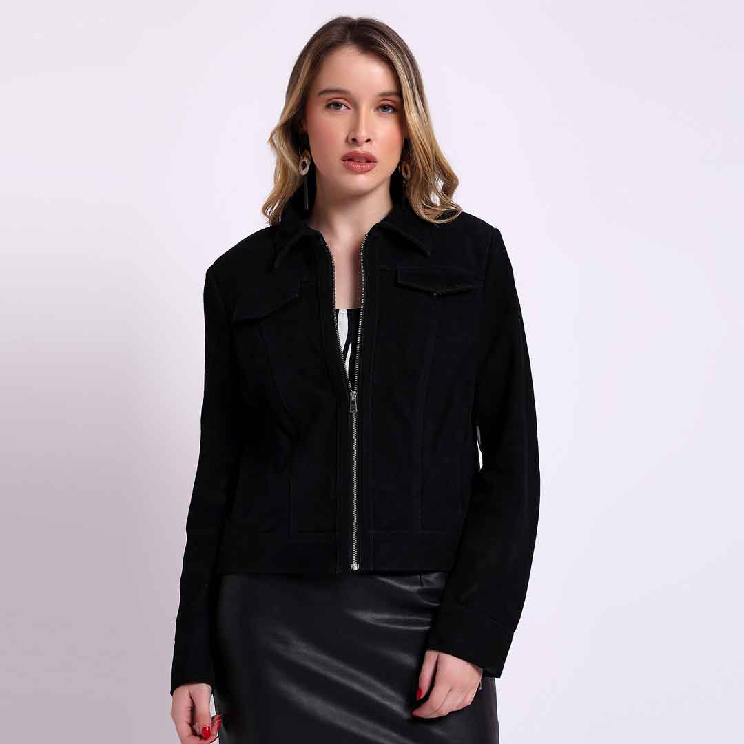 Saint Melanie black suede shirt jacket for women UK, front view with chest flap pockets