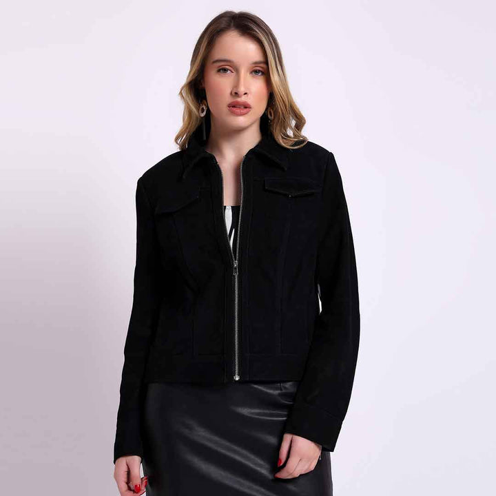 Saint Melanie black suede shirt jacket for women UK, front view with chest flap pockets