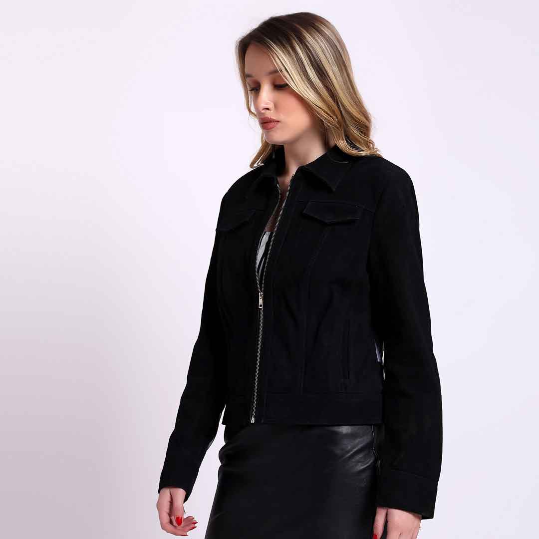 Saint Melanie black suede shirt jacket UK, side view