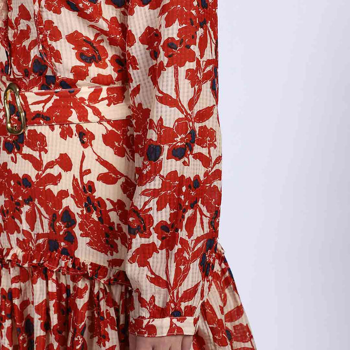 Close-up of buckle belt on Saint Meliora ivory red floral mini dress for women UK.